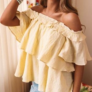 Bay of Bliss Pale Yellow Flirty Ruffles Off the Shoulder Top